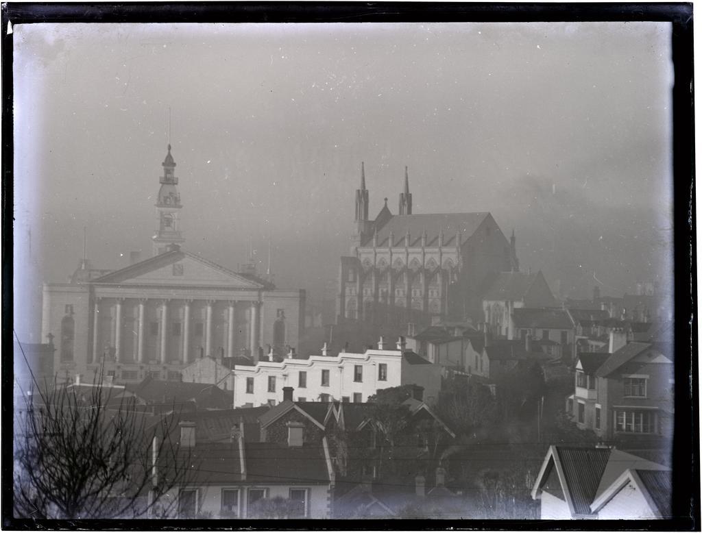 View looking south towards the Dunedin Town Hall and St Paul's Cathedral, Dunedin