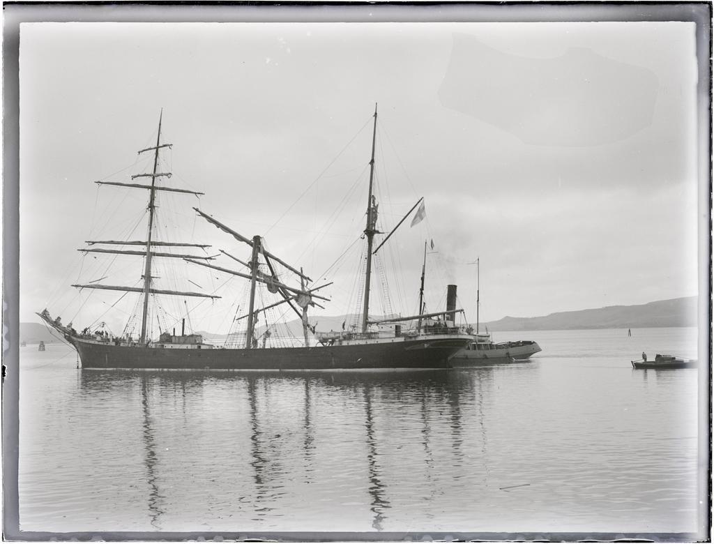 Sailing ship and steam tug in Otago Harbour