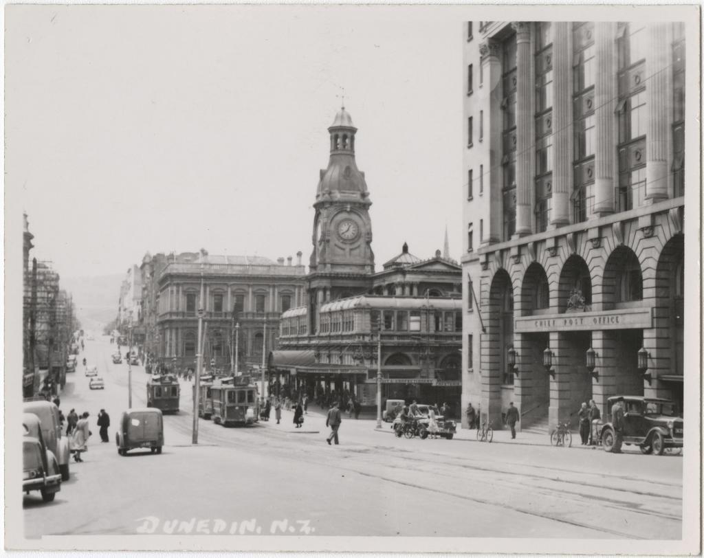'Dunedin, N.Z.', a view of Princes Street including the Exchange and Chief Post Office buildings