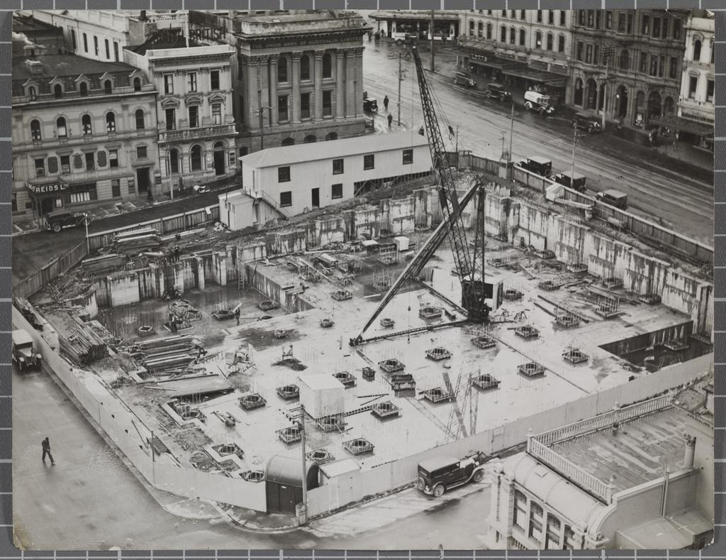 'The Dunedin Post Office showing foundations etc. The work of erection was commenced by the Fletcher Construction Company this week'