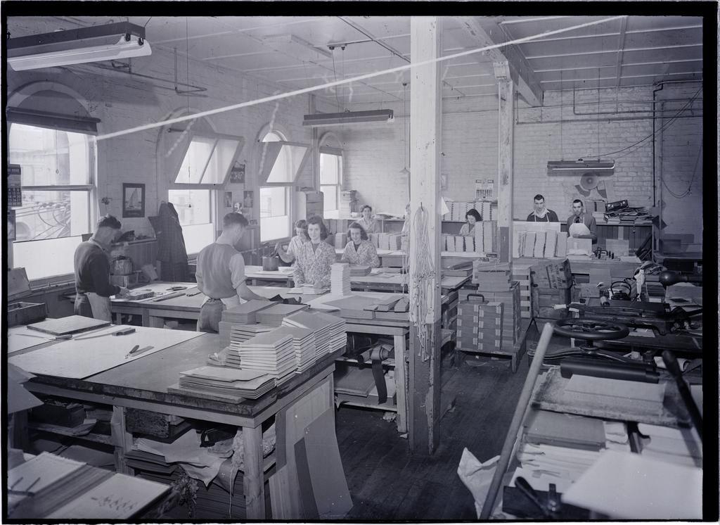 Women and men at work in the bindery, Coulls Somerville Wilkie, Crawford Street, Dunedin