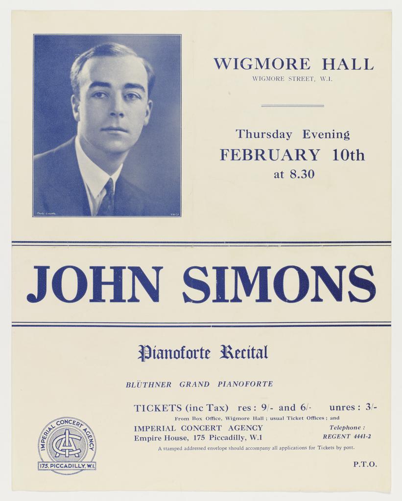 Programme for John Simons pianoforte recital, Wigmore Hall, London, 10 February