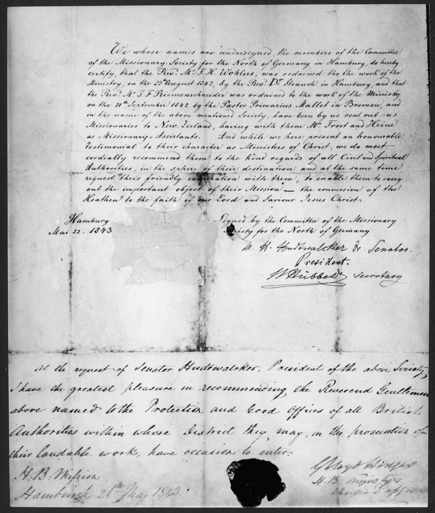 Johann Wohlers' ordination certificate and reference