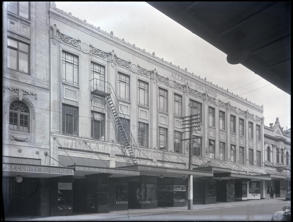 No. 87. Allbell &amp; Company Ltd, glass negative of premises, Stuart Street, Dunedin, Miller and White architects