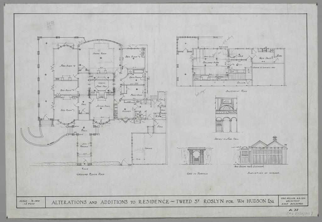 No. 32. W. Hudson, plans for alterations and additions to residence, 32 Tweed Street, Roslyn, Eric Miller architect. Sheet showing floor plans, pergola, arches in stair hall, and garage.