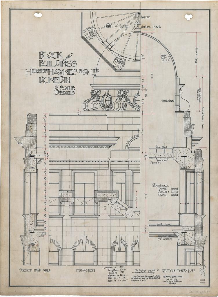 No. 411. D. Haynes, plans for additions to Haynes Building, Princes Street and Moray Place, Dunedin, Edmund Anscombe architect. Sheet 11. 1/2 inch scale details.