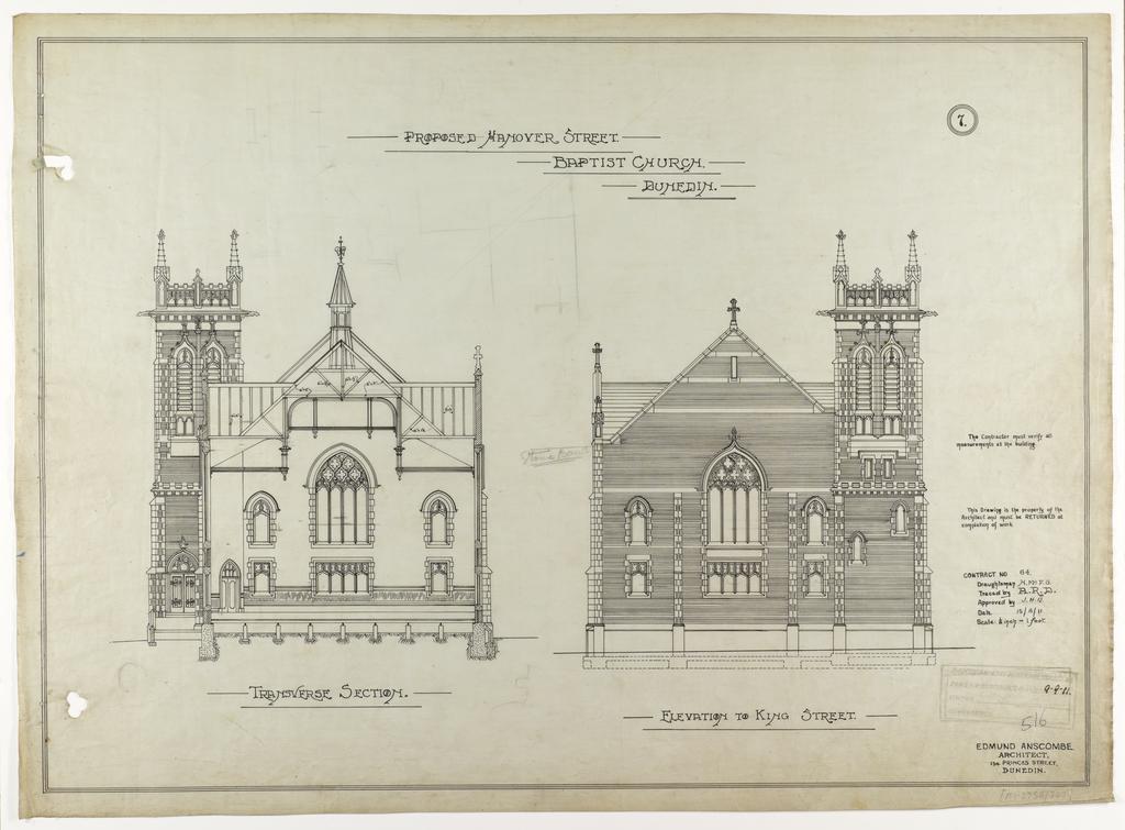 No. 516. Hanover Street Baptist Church, plans for church, Hanover Street, Dunedin, Edmund Anscombe architect. Sheet 7. Transverse section and elevation to [Great] King Street.
