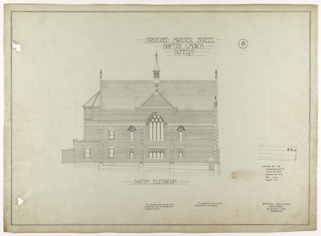 No. 516. Hanover Street Baptist Church, plans for church, Hanover Street, Dunedin, Edmund Anscombe architect. Sheet 8. South elevation.