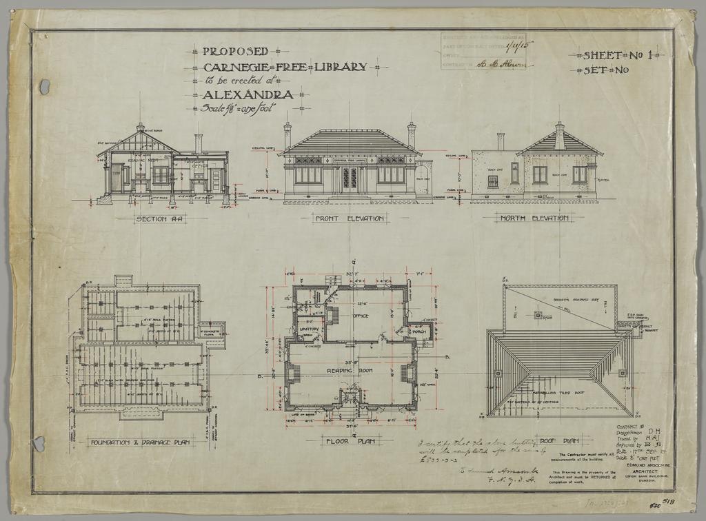No. 518. Plans for Carnegie Free Library, Alexandra, Edmund Anscombe architect. Sheet 1.