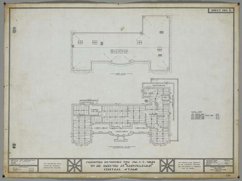 No. 530. S.T. Spain, plans for residence, Earnscleugh Station, Central Otago, Edmund Anscombe architect. Sheet 1. Roof and foundation plan.