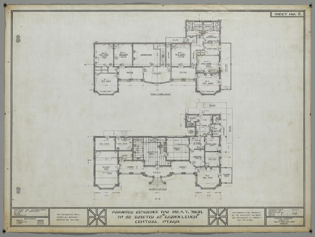 No. 530. S.T. Spain, plans for residence, Earnscleugh Station, Central Otago, Edmund Anscombe architect. Sheet 2. Ground and first floor plans.