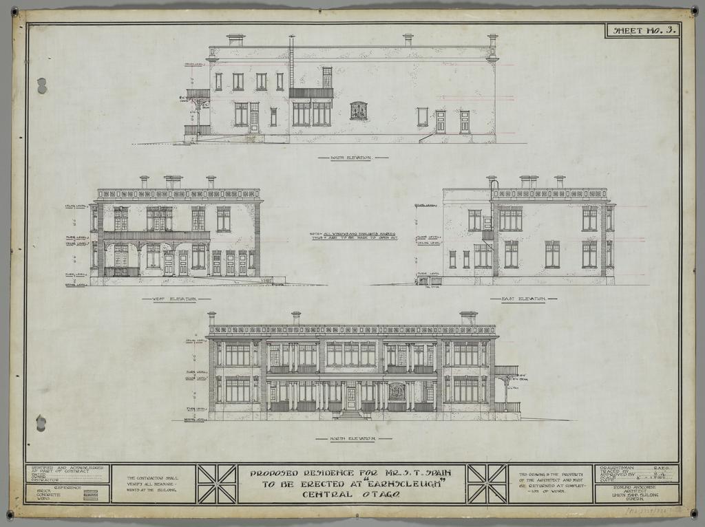 No. 530. S.T. Spain, plans for residence, Earnscleugh Station, Central Otago, Edmund Anscombe architect. Sheet 3. Elevations.
