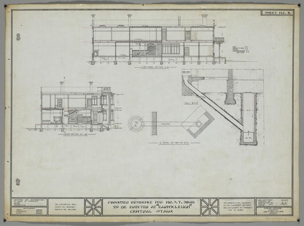 No. 530. S.T. Spain, plans for residence, Earnscleugh Station, Central Otago, Edmund Anscombe architect. Sheet 4. Sections.