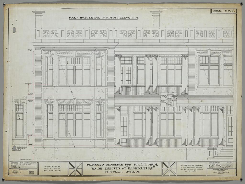 No. 530. S.T. Spain, plans for residence, Earnscleugh Station, Central Otago, Edmund Anscombe architect. Sheet 5. Half inch detail of front elevation.