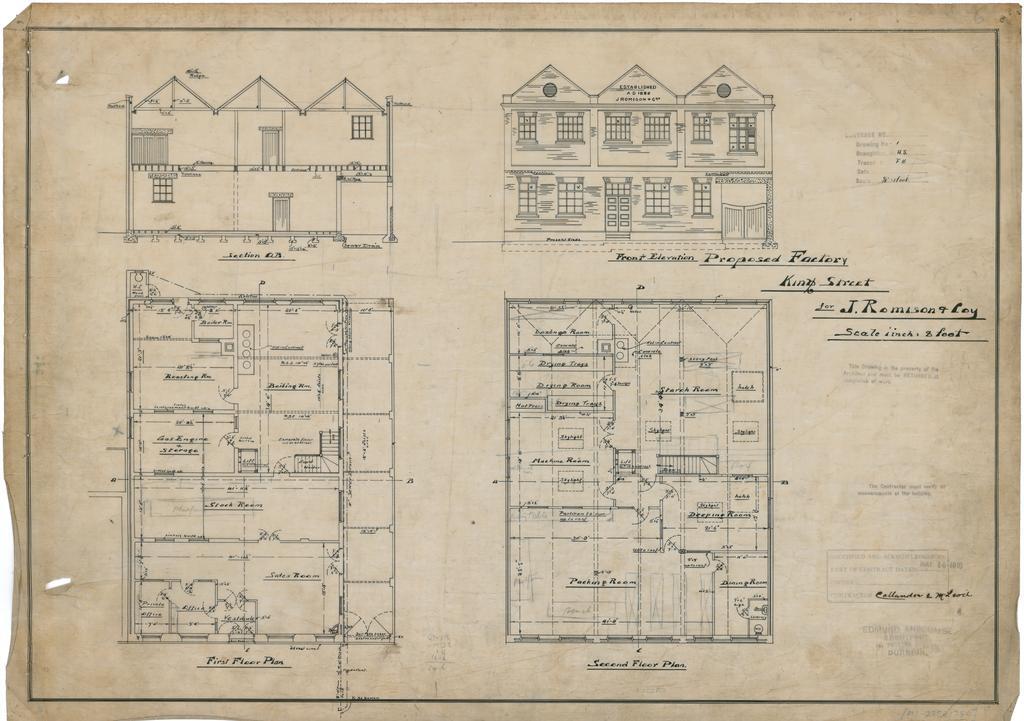 No. 550. J. Romison &amp; Company, plans for factory and additions, Great King Street, Dunedin, Edmund Anscombe architect