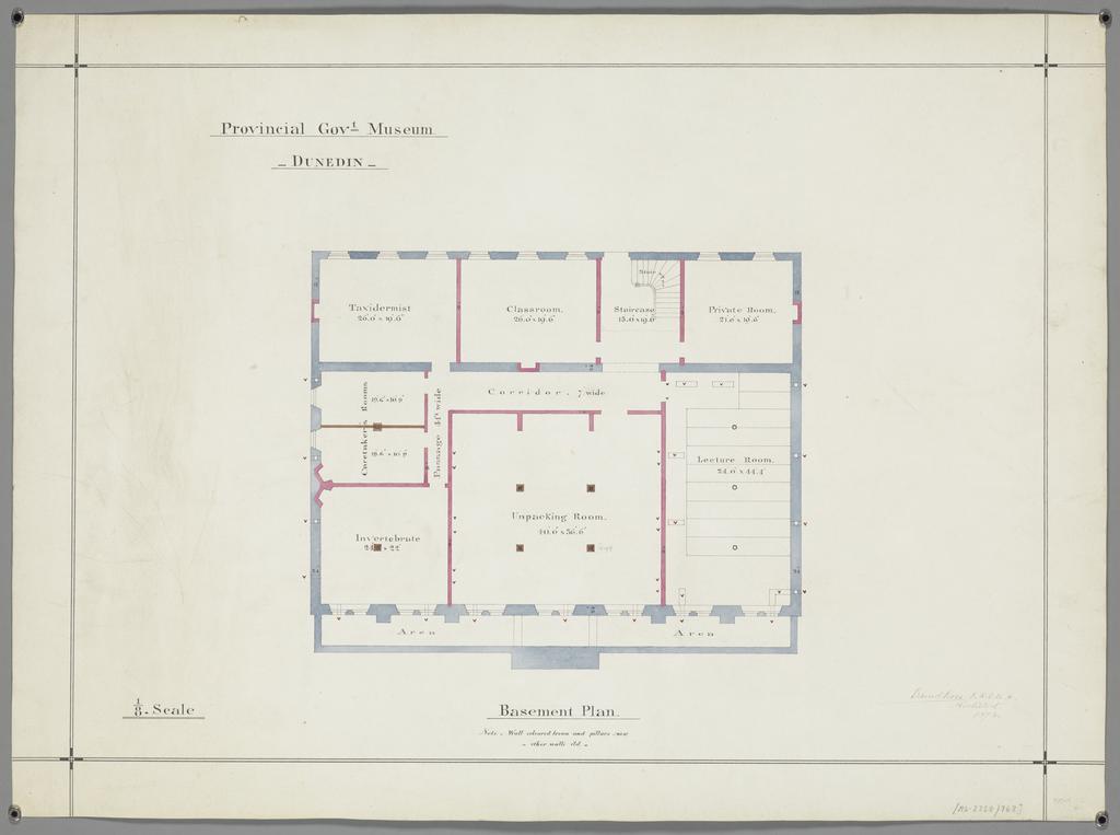 No. 559. [Otago Museum], plans for Provincial Government Museum, Great King Street, Dunedin, David Ross architect. Basement plan.