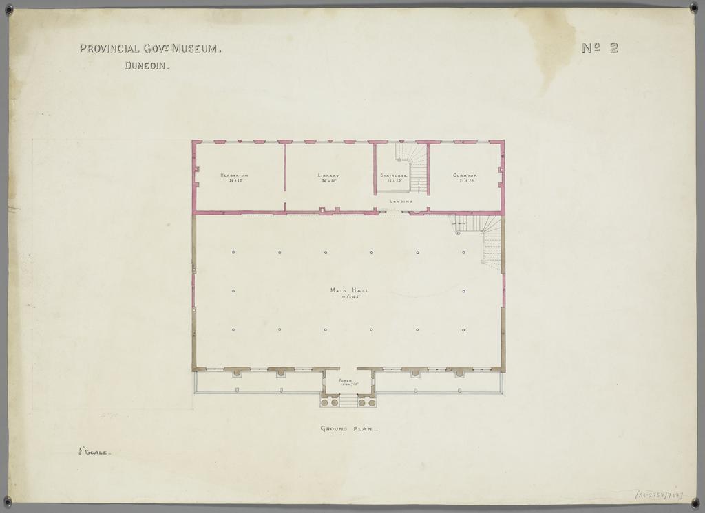 No. 559. [Otago Museum], plans for Provincial Government Museum, Great King Street, Dunedin, David Ross architect. Ground plan.