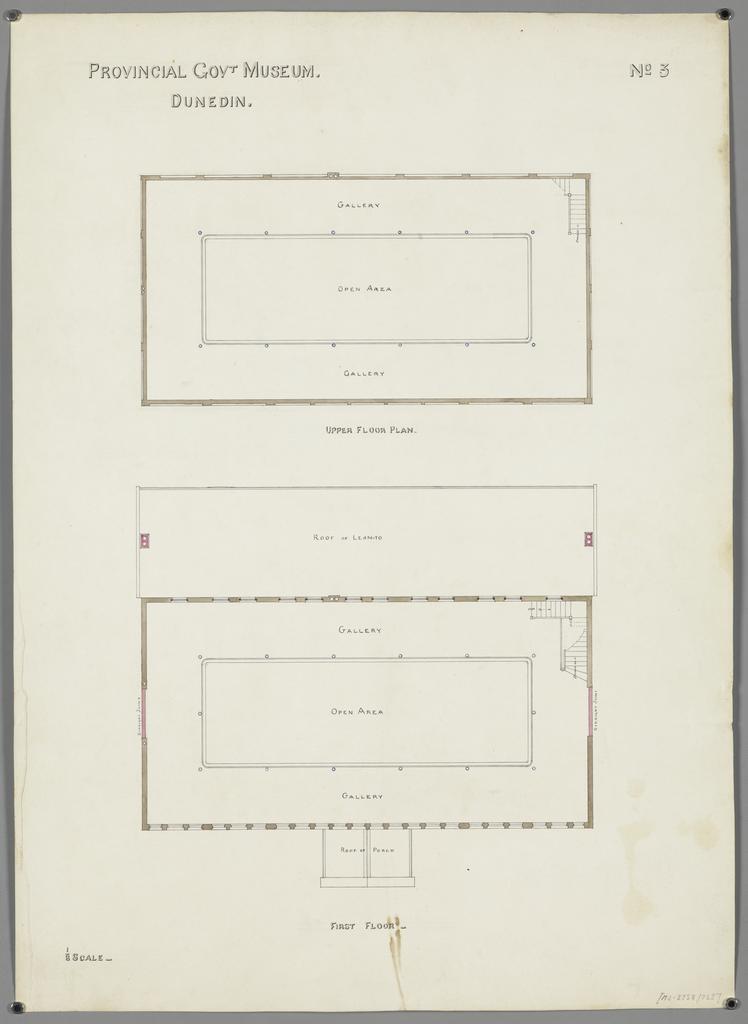 No. 559. [Otago Museum], plans for Provincial Government Museum, Great King Street, Dunedin, David Ross architect. First floor plan.