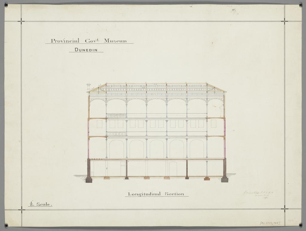 No. 559. [Otago Museum], plans for Provincial Government Museum, Great King Street, Dunedin, David Ross architect. Longitudinal section.
