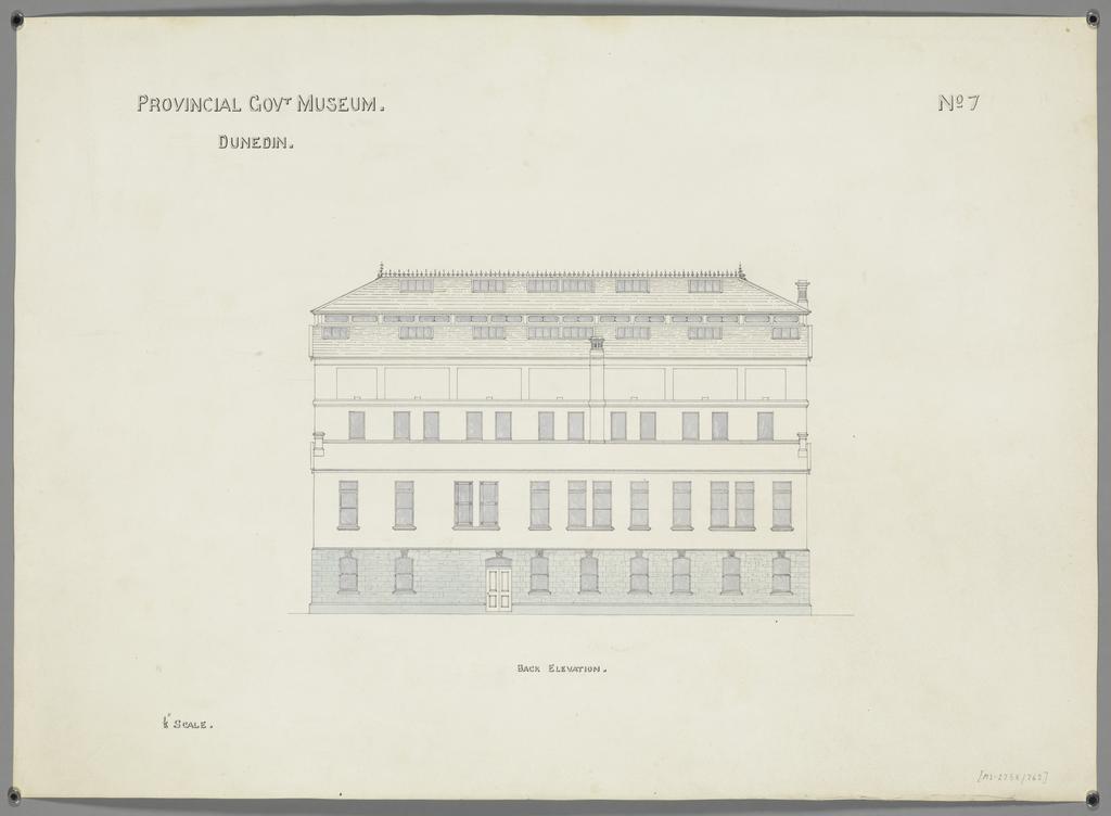 No. 559. [Otago Museum], plans for Provincial Government Museum, Great King Street, Dunedin, David Ross architect. Back elevation.