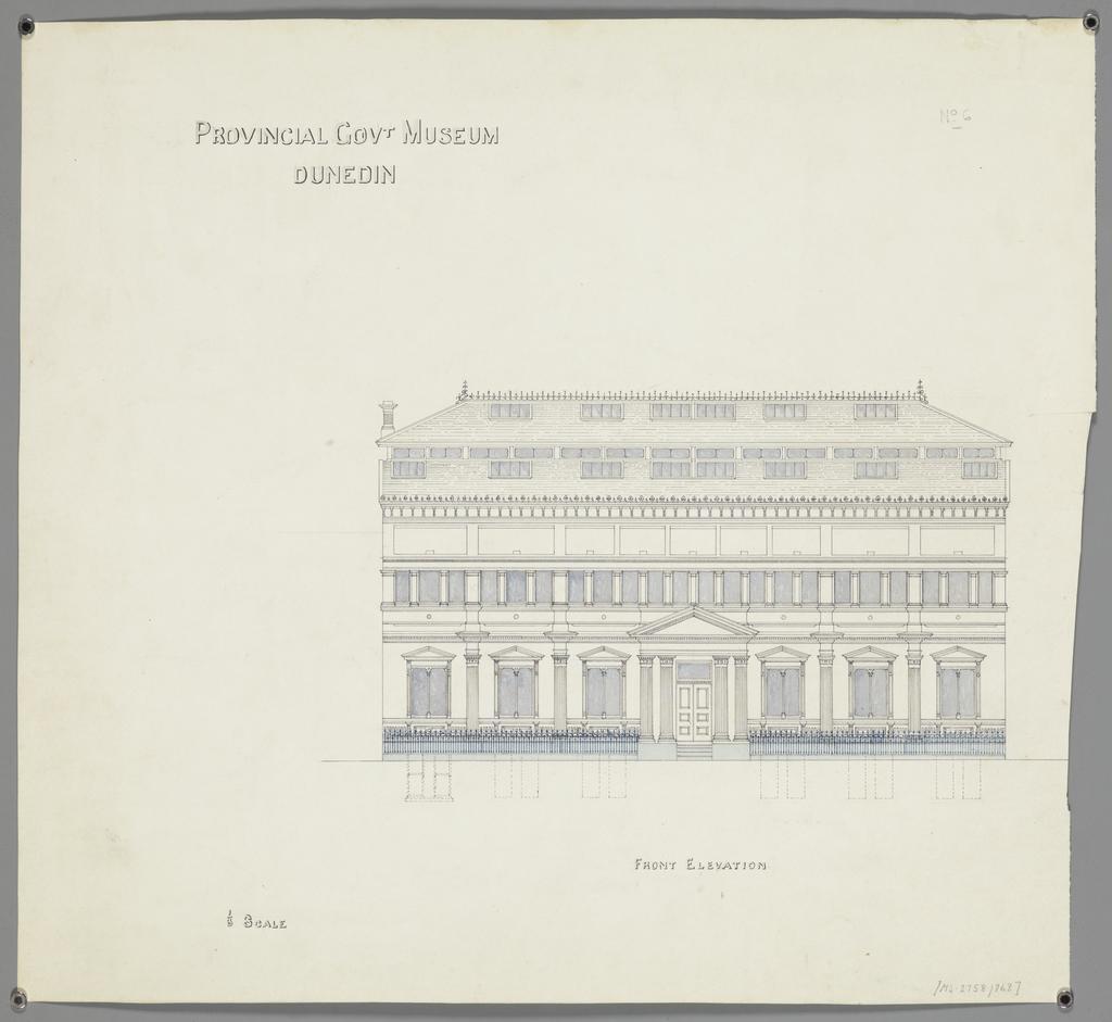 No. 559. [Otago Museum], plans for Provincial Government Museum, Great King Street, Dunedin, David Ross architect. Sheet 6. Front elevation.