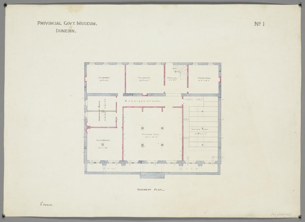 No. 559. [Otago Museum], plans for Provincial Government Museum, Great King Street, Dunedin, David Ross architect. Sheet 1. Basement plan.