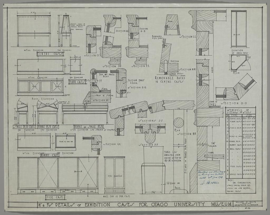 No. 559. Otago Museum, plans for Willi Fels wing, Great King Street, Dunedin, Edmund Anscombe / Miller and White architects. F.S. details of exhibition cases.