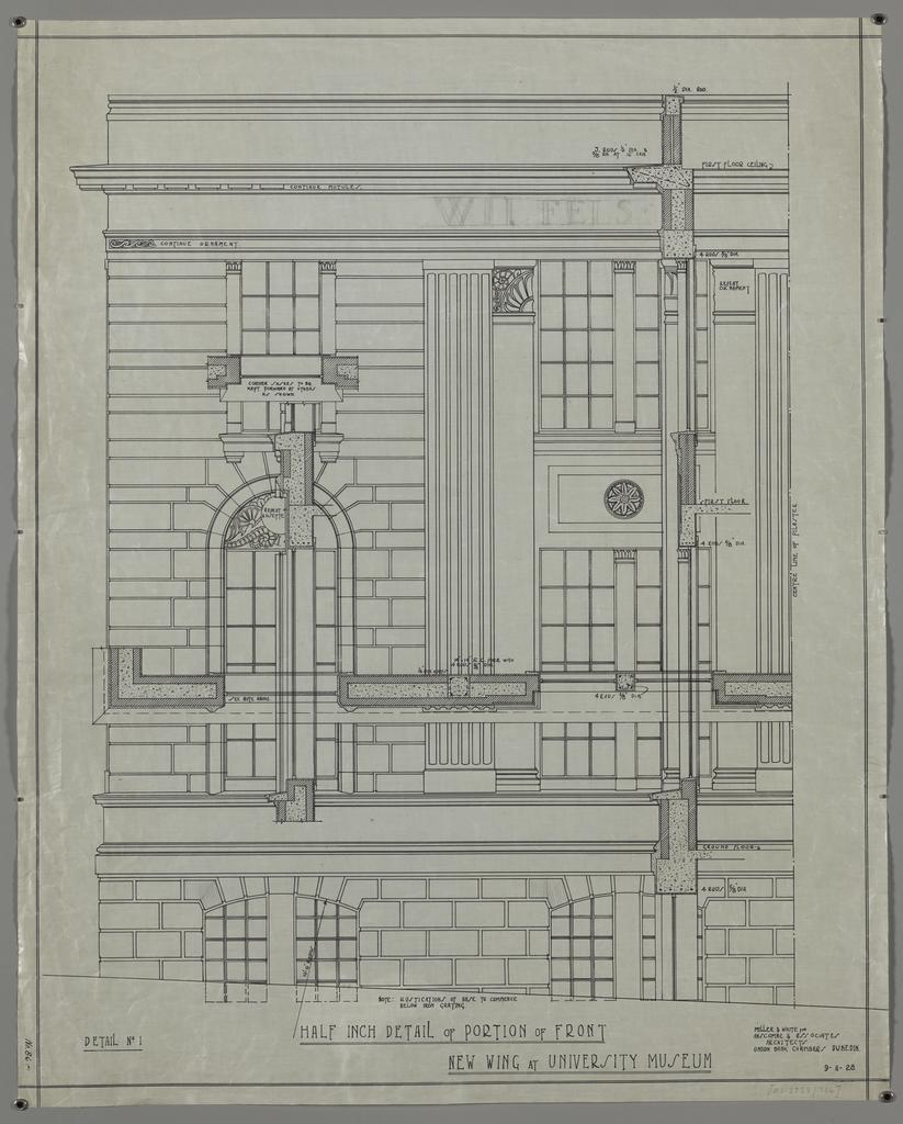 No. 559. Otago Museum, plans for Willi Fels wing, Great King Street, Dunedin, Edmund Anscombe / Miller and White architects. Half inch detail of portion of front, new wing.