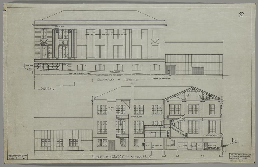 No. 559. Otago Museum, plans for Willi Fels wing, Great King Street, Dunedin, Edmund Anscombe / Miller and White architects. Sheet 6, elevation to reserve and north elevation and section.