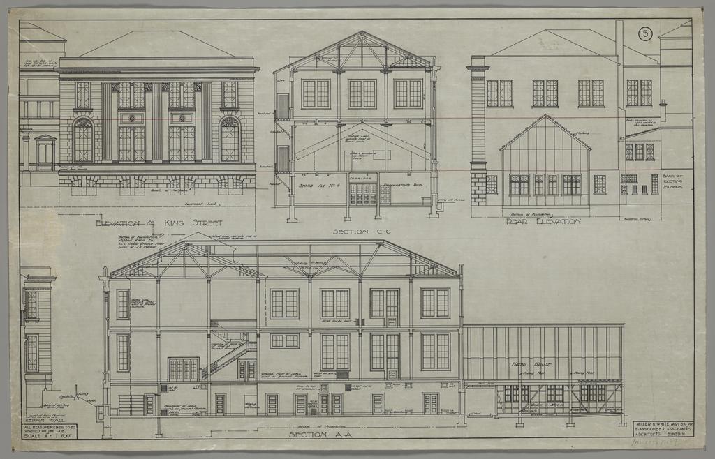 No. 559. Otago Museum, plans for Willi Fels wing, Great King Street, Dunedin, Edmund Anscombe / Miller and White architects. Sheet 5, elevation to King Street, rear elevation, and sections.