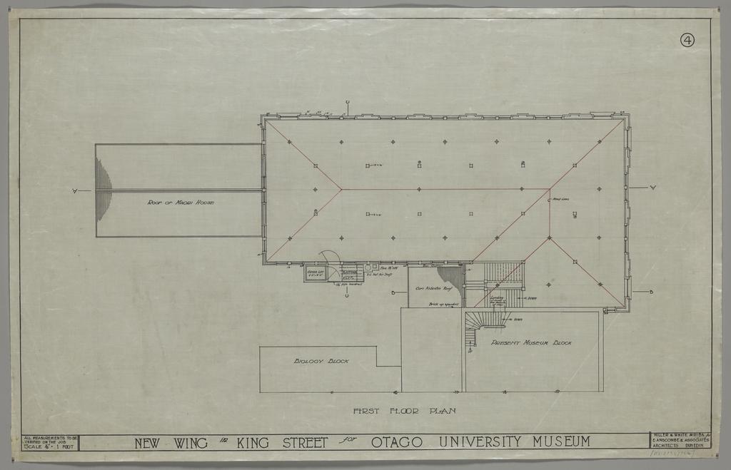 No. 559. Otago Museum, plans for Willi Fels wing, Great King Street, Dunedin, Edmund Anscombe / Miller and White architects. No. 4, first floor plan.