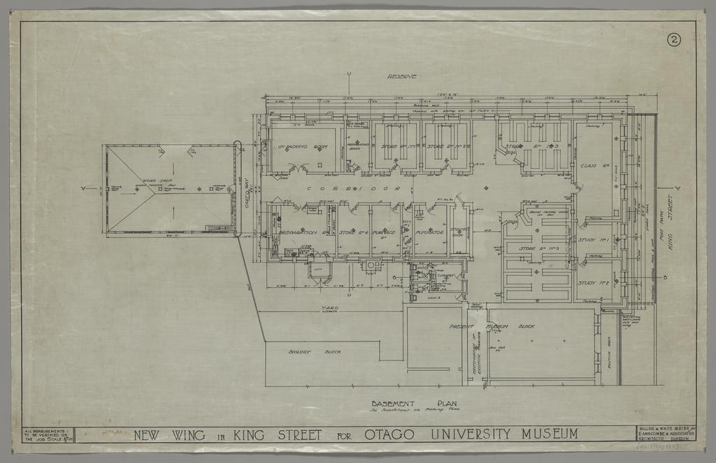 No. 559. Otago Museum, plans for Willi Fels wing, Great King Street, Dunedin, Edmund Anscombe / Miller and White architects. Sheet 2, basement plan.