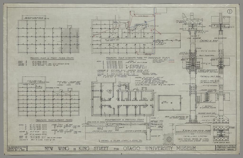 No. 559. Otago Museum, plans for Willi Fels wing, Great King Street, Dunedin, Edmund Anscombe / Miller and White architects. Sheet 1, framing, drainage, foundation and footing plans; typical detail of steel staunchion and beam joints.