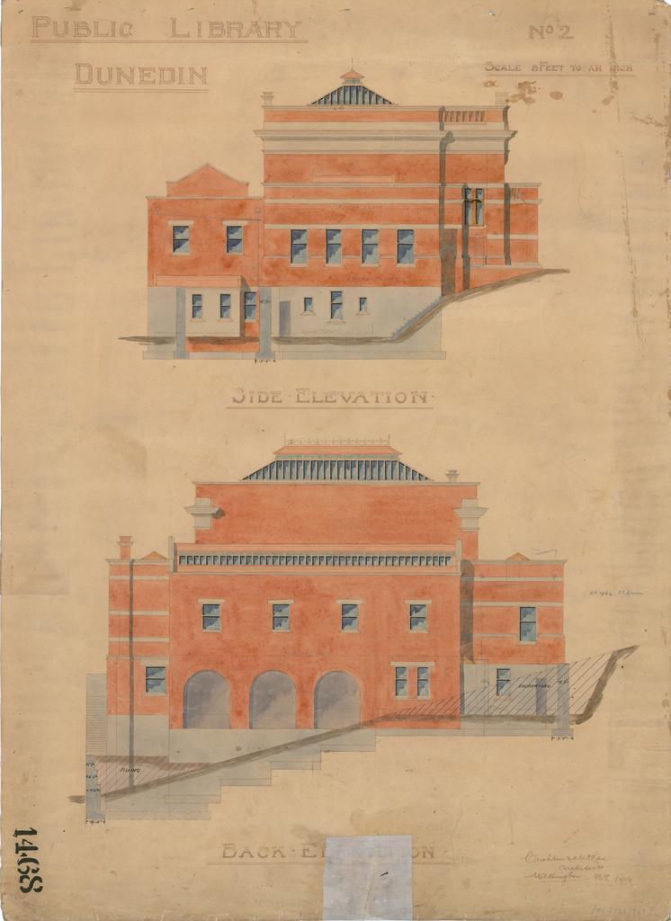 No. 668. Dunedin Public Library, plans for library, Moray Place, Dunedin, Crichton &amp; McKay architects. Side and back elevation plans.