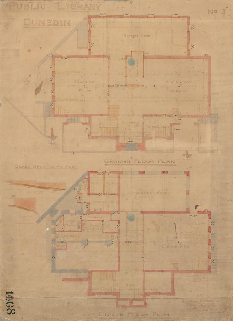No. 668. Dunedin Public Library, plans for library, Moray Place, Dunedin, Crichton &amp; McKay architects. Ground and lower floor plans.