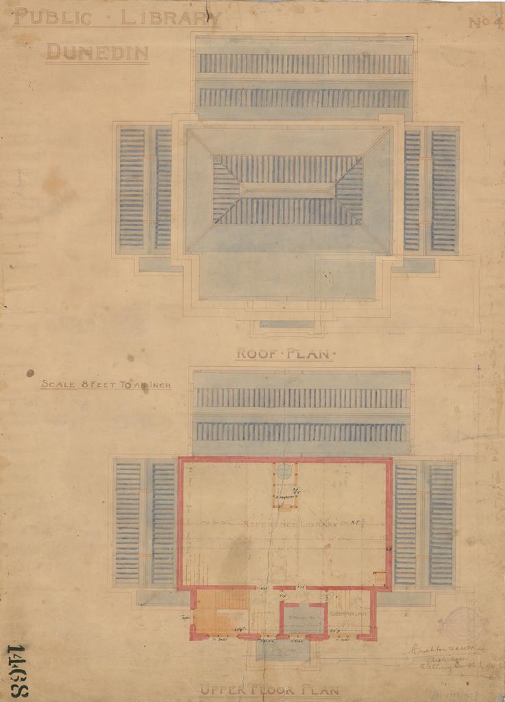 No. 668. Dunedin Public Library, plans for library, Moray Place, Dunedin, Crichton &amp; McKay architects. Roof and upper floor plans.