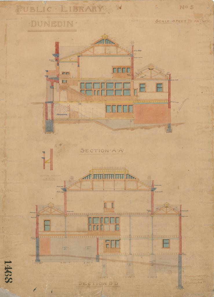 No. 668. Dunedin Public Library, plans for library, Moray Place, Dunedin, Crichton &amp; McKay architects. Cross section plans.