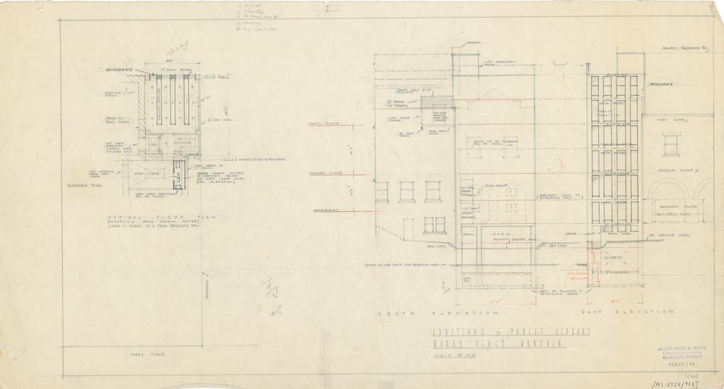 No. 668. Dunedin Public Library, plans for alterations and proposed extensions to library, Moray Place, Dunedin. Typical floor plan', south elevation, and east elevation.