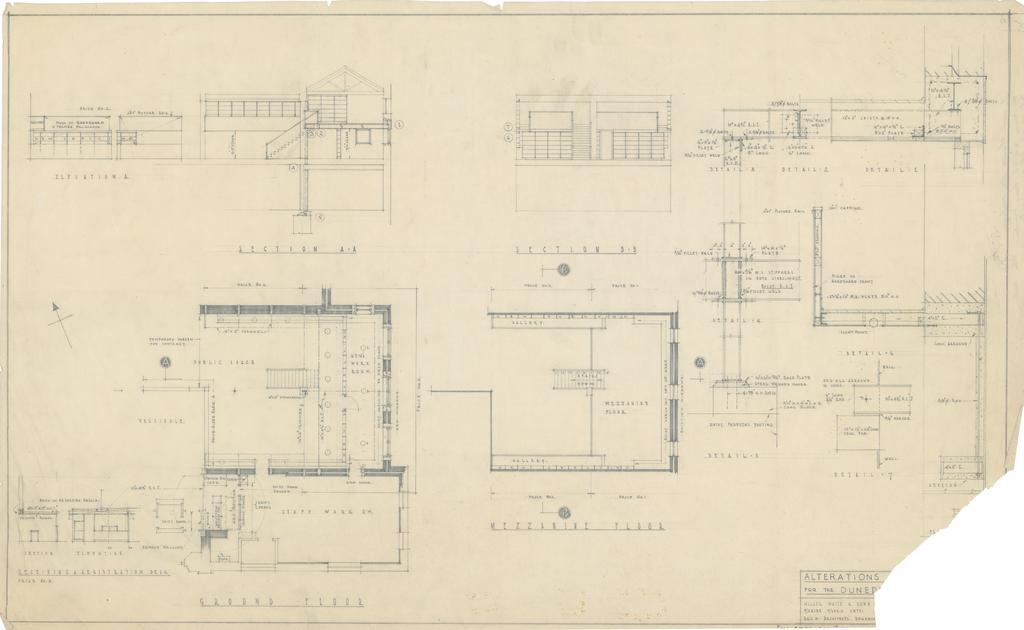 No. 668. Dunedin Public Library, plans for alterations and proposed extensions to library, Moray Place, Dunedin. Section, ground floor, mezzanine, and detail plan.
