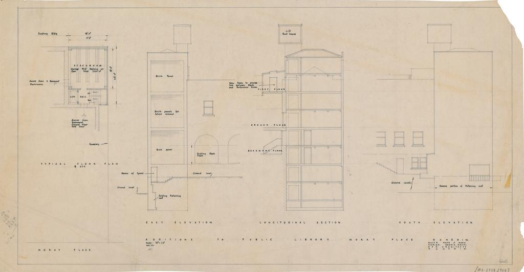 No. 668. Dunedin Public Library, plans for alterations and proposed extensions to library, Moray Place, Dunedin. Typical floor plan, east elevation, longitudinal section, south elevation.