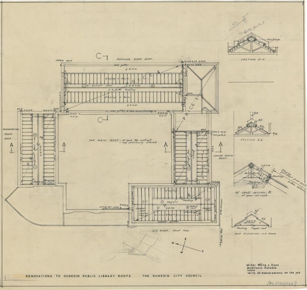 No. 668. Dunedin Public Library, plans for alterations and proposed extensions to library, Moray Place, Dunedin. Plan for renovations to roofs.