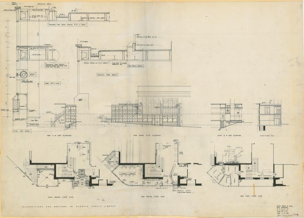 No. 668. Dunedin Public Library, plans for alterations and proposed extensions to library, Moray Place, Dunedin. Sections, elevations, and floor plans for additions at front of building.