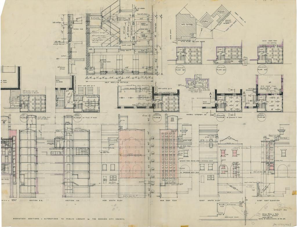 No. 668. Dunedin Public Library, plans for alterations and proposed extensions to library, Moray Place, Dunedin. Book stack additions and alterations.