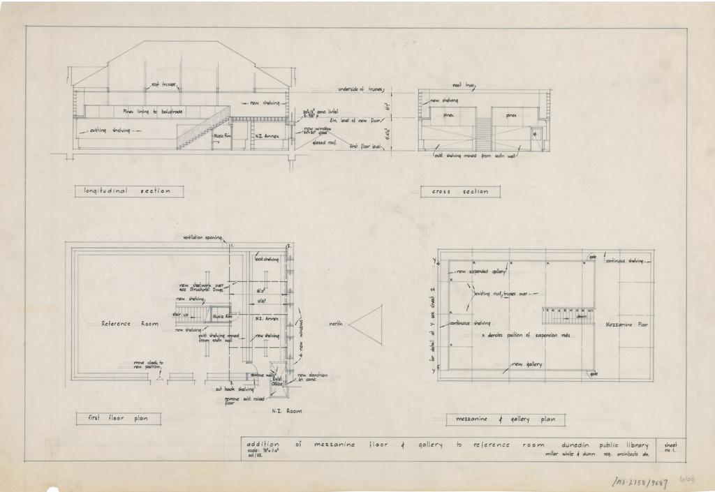 No. 668. Dunedin Public Library, plans for alterations and proposed extensions to library, Moray Place, Dunedin. Addition of mezzanine floor and gallery to reference room.