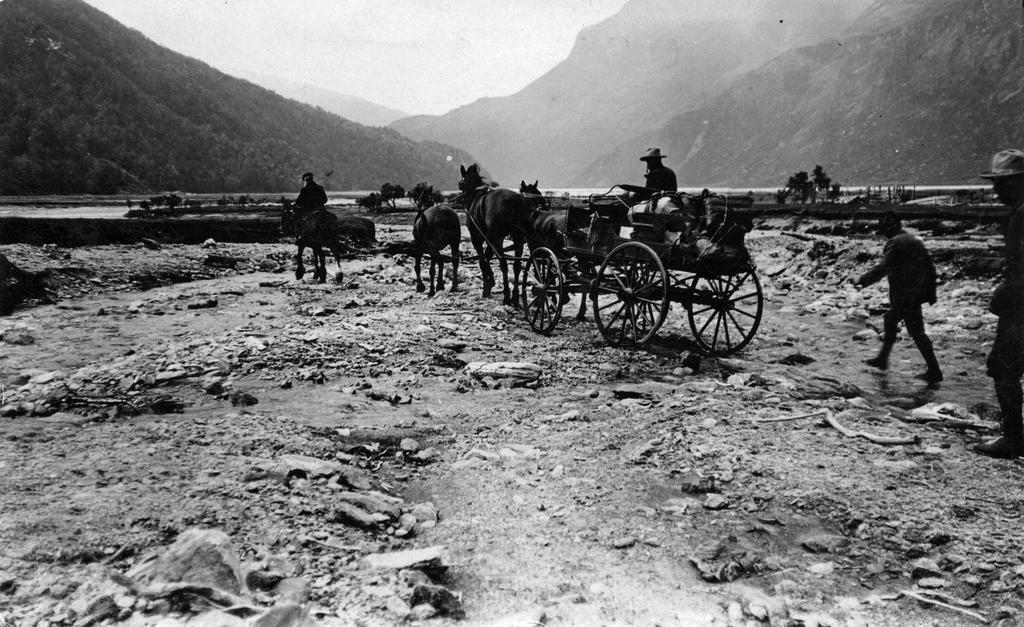 River crossing with horse and cart, Bernard Head's Mount Aspiring expedition