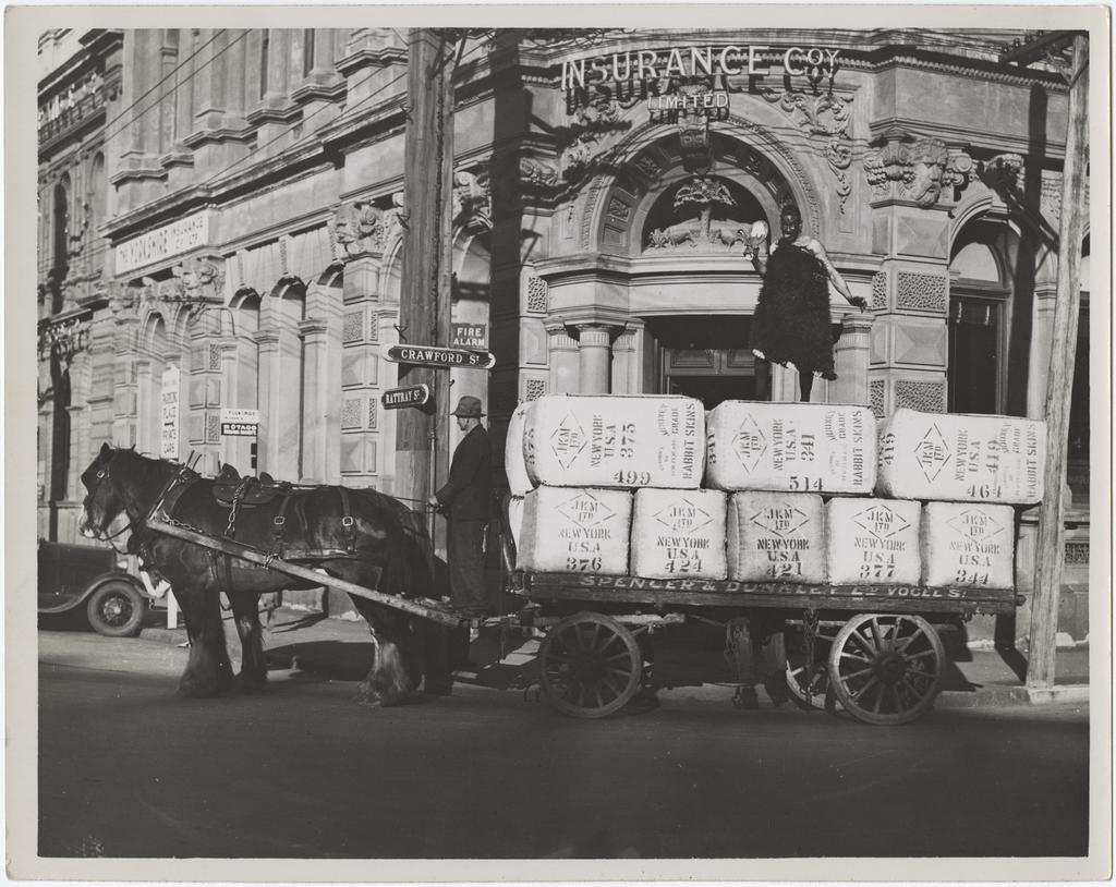 Bales of rabbit skins on a cart at the corner of Crawford Street and Rattray Street