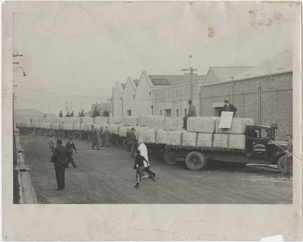 Trucks and carts loaded with a record shipment of rabbit skins