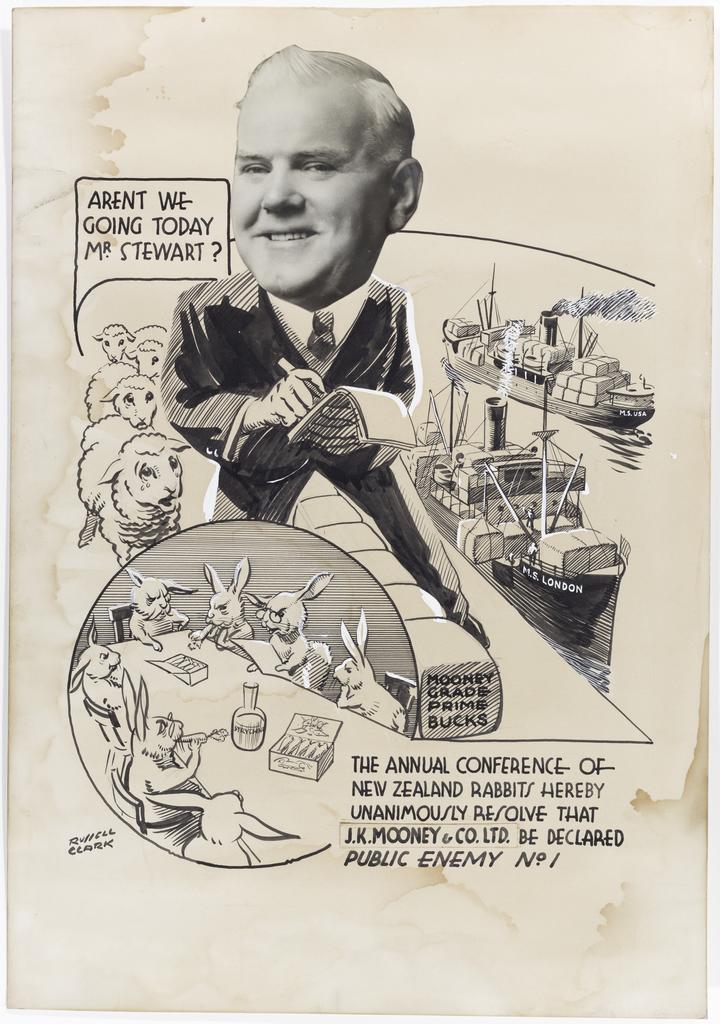 Cartoon by Russell Clark, depicting George Stewart on a wharf and astride bales of rabbit skins