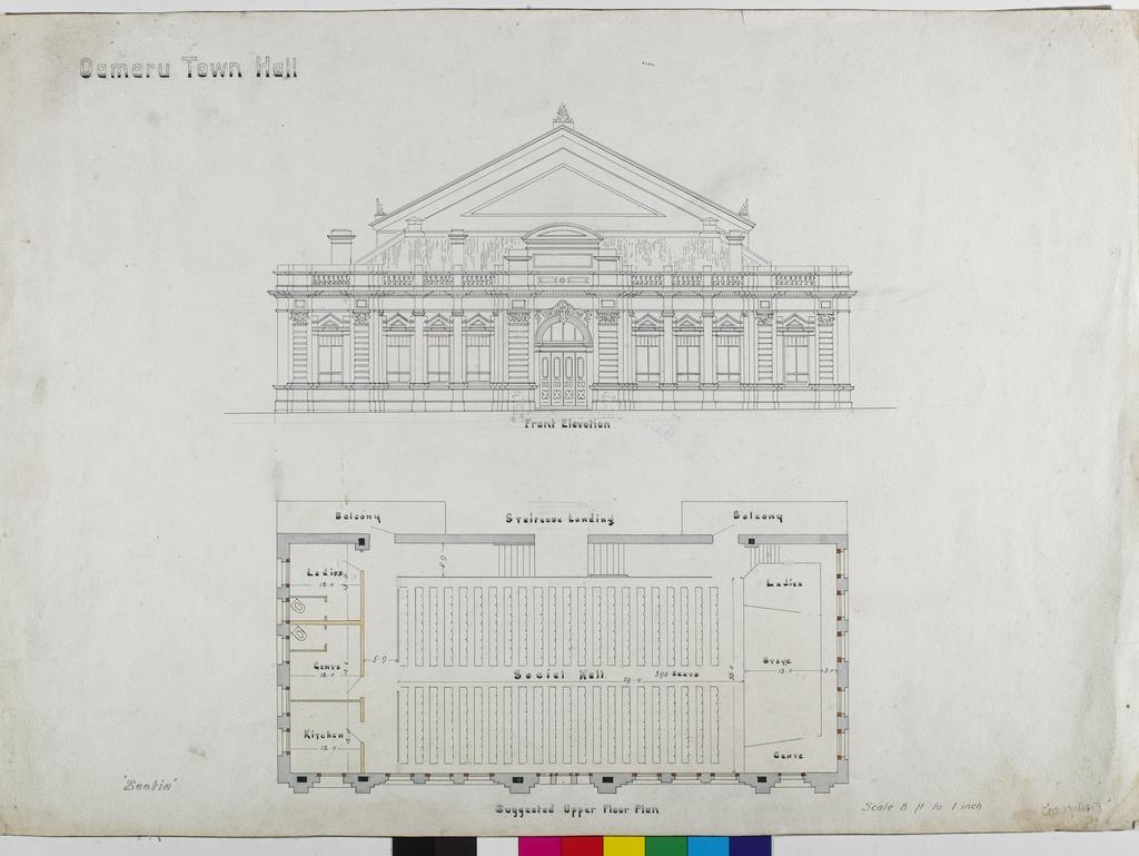 Oamaru Town Hall, front elevation and suggested upper floor plan by 'Scotia'