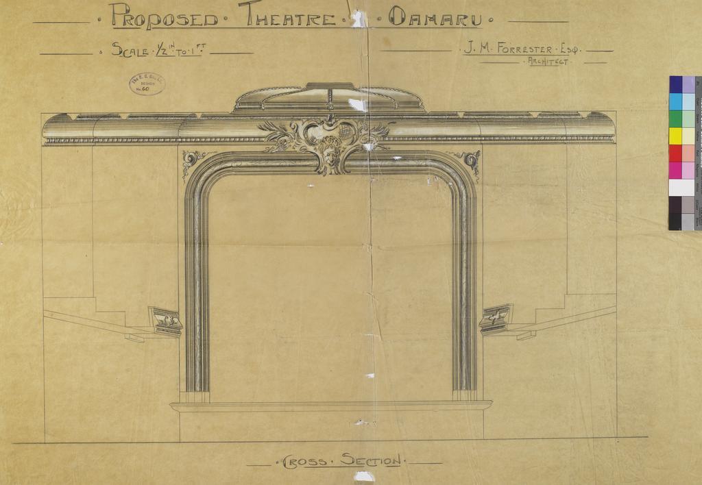 Oamaru Town Hall/Opera House, drawings of ceiling and arch, J.M. Forrester architect . Cross section.